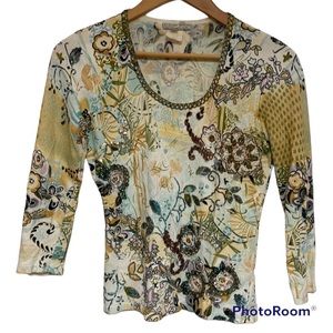 Alberto Makali Knit Top Yellow & Green Floral Embellished Medium